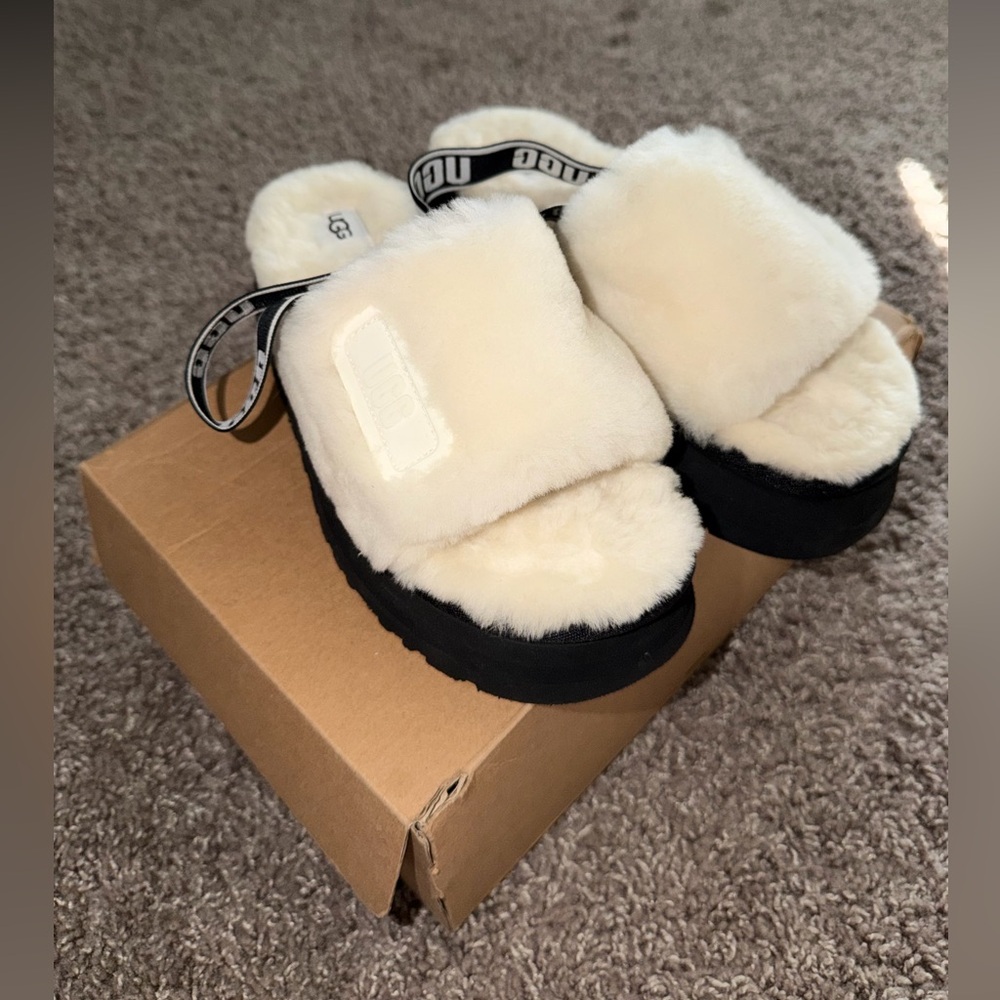 UGG Black and Cream Disco Fuzzy Slides